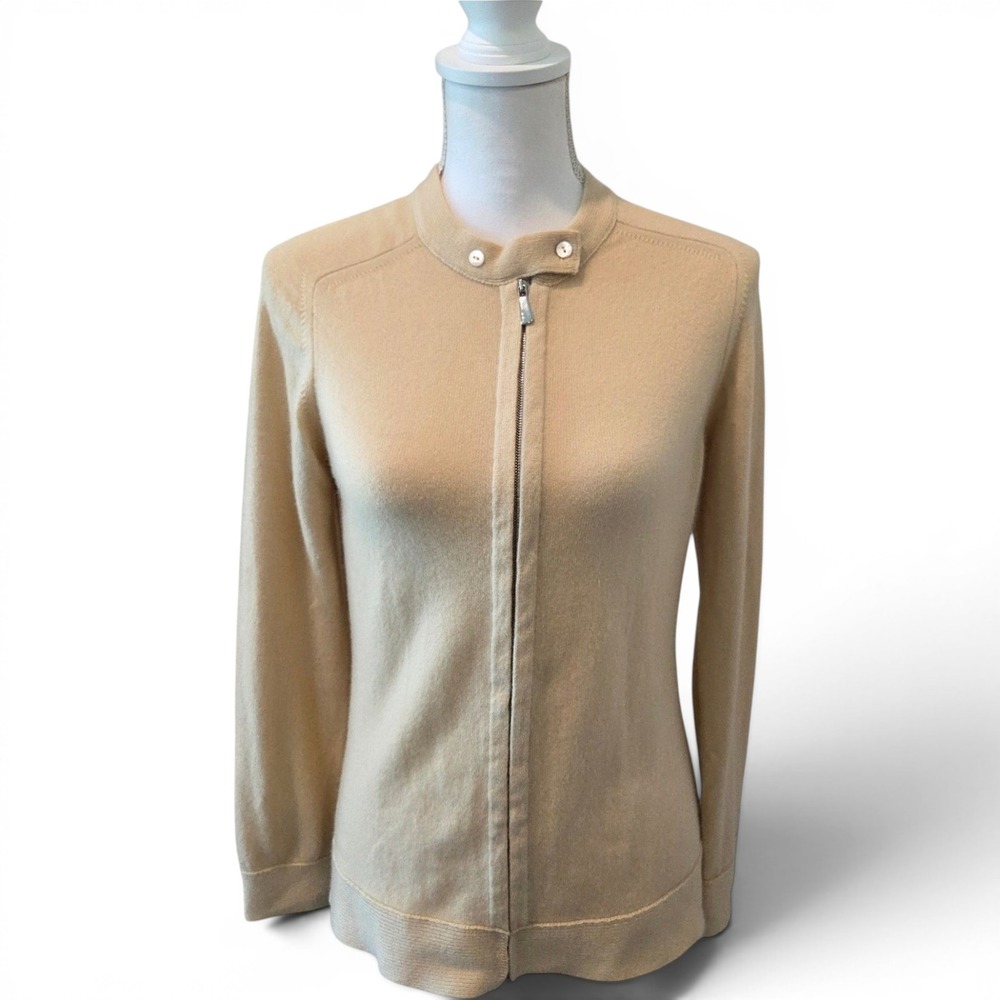 Malo Cardigan 100% Cashmere Full Zip Mock Neck Slim Cream Quiet Luxury IT 44 S